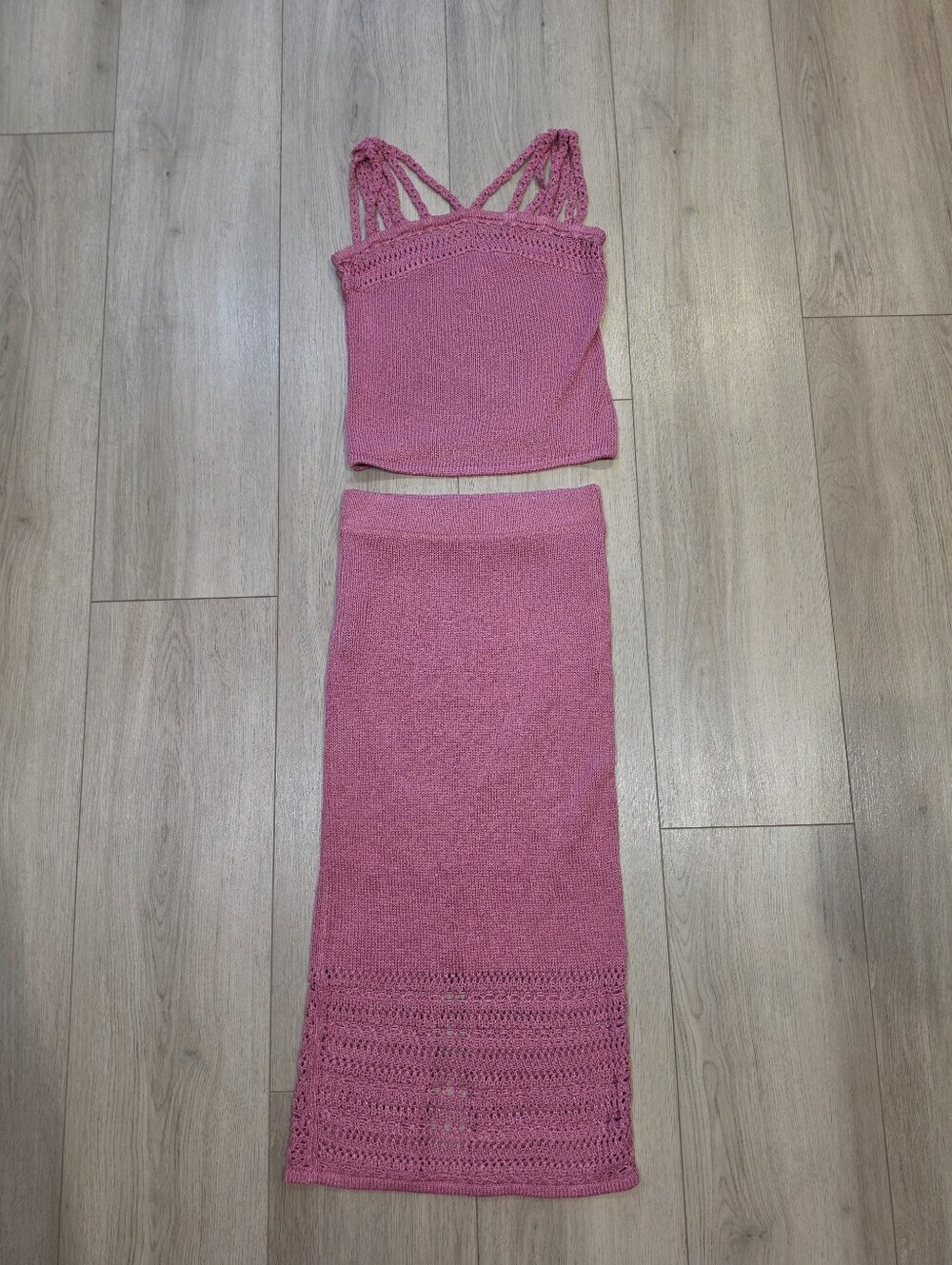 Eva Mendes Pink Crochet Knit Matching Skirt Set XS